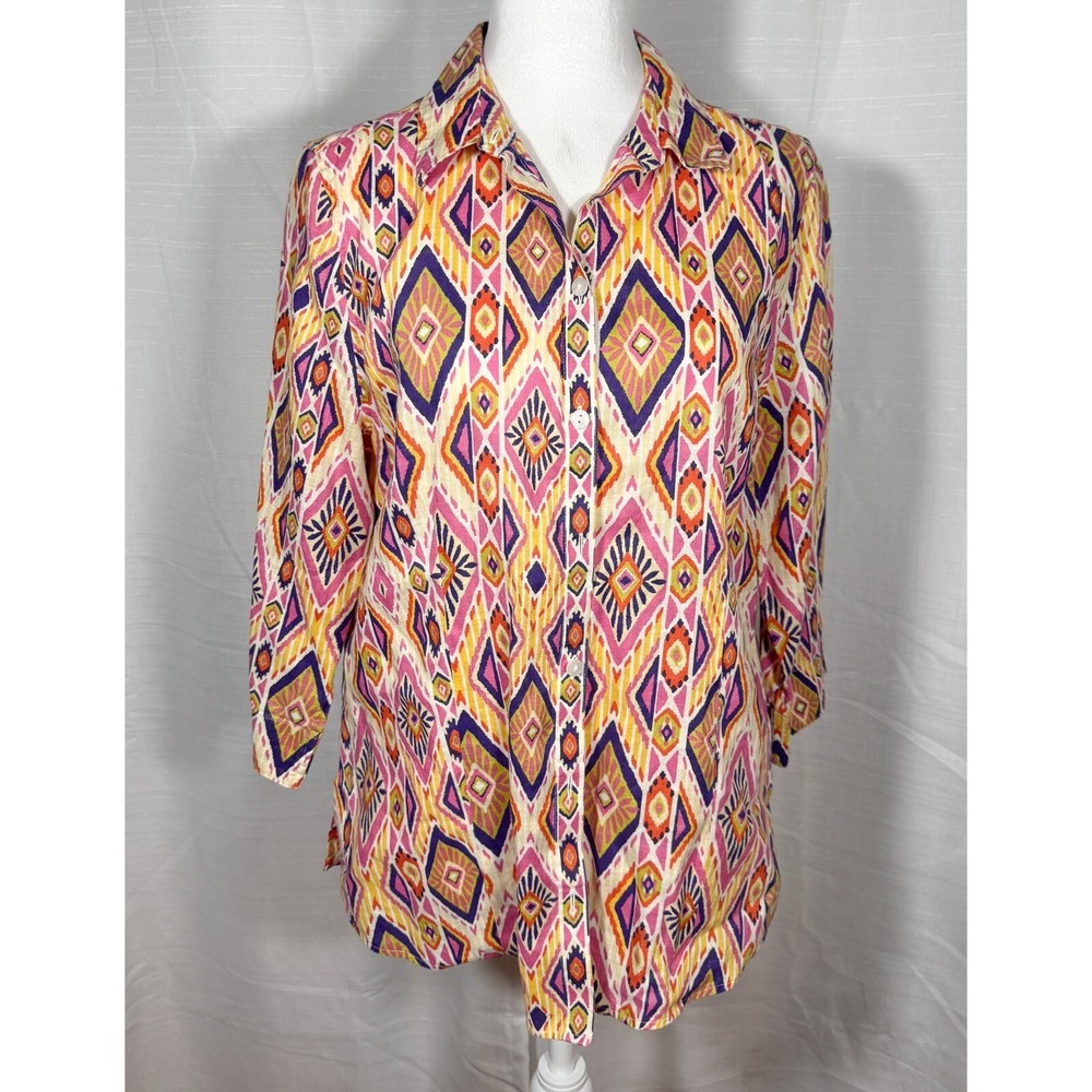 Chico's Colorful Geometric Long Sleeve Linen Blouse Tunic Size 1/Medium